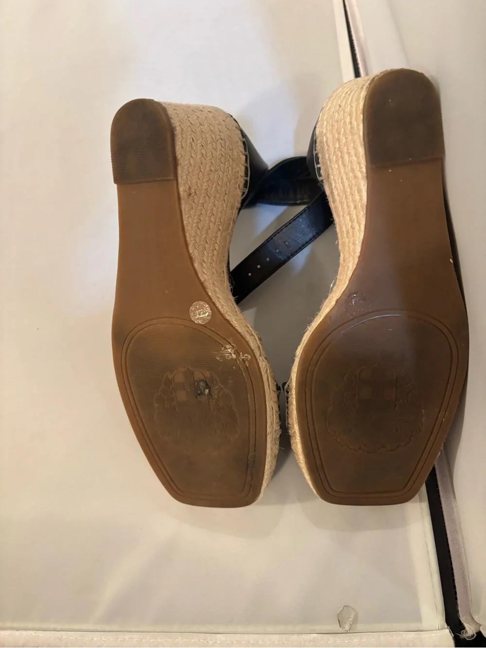 Vince Camuto Black Leather Espadrille Ankle-Strap Wedge Sandals